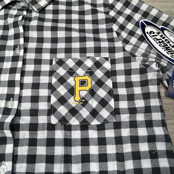 Pittsburg Pirates Pajamas Womens Medium Charcoal  Plaid Button Up Sleep Wear Top - Picture 10 of 16